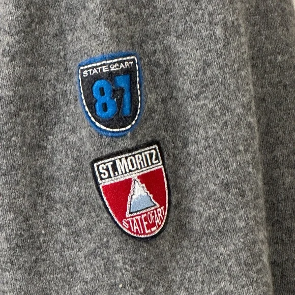 State of Art Men’s Pure Wool Sweater Size M Gray Blue Trim St. Moritz Patch - Picture 5 of 11